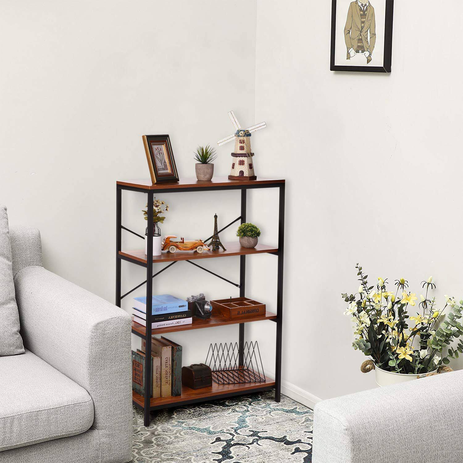 复古美式钢木书架家用客厅简易多层落地收纳书本置物架书柜小户型