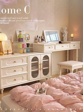 新款尾法式实木梳妆台室斗柜一体奶油风美白色化妆桌卧床柜GSE式