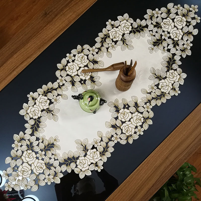 中式欧式布艺绣花镂空桌旗