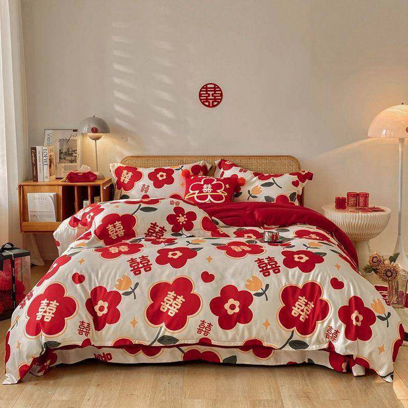 高档庆色婚全棉四件套棉磨毛被套床红单纯结婚时尚床上39820467用