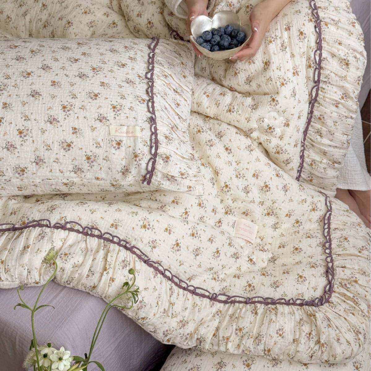 式碎复古双人被芯棉皱法皱纱布A类大豆被韩系花全四季被子风琴边-