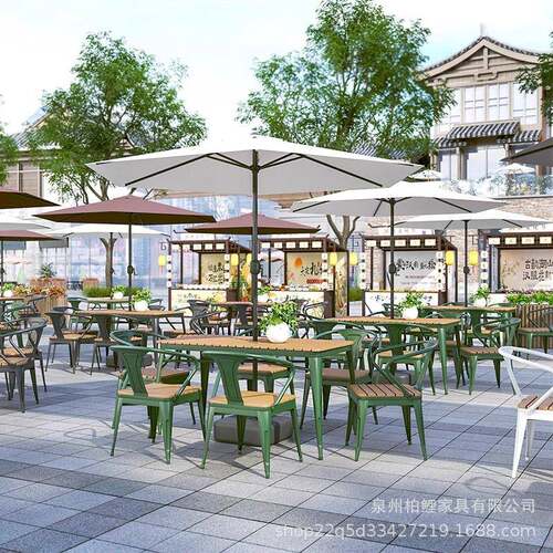 庭铁外艺桌椅带伞合防塑木休组闲餐桌椅靠背套装商业街BL00235外