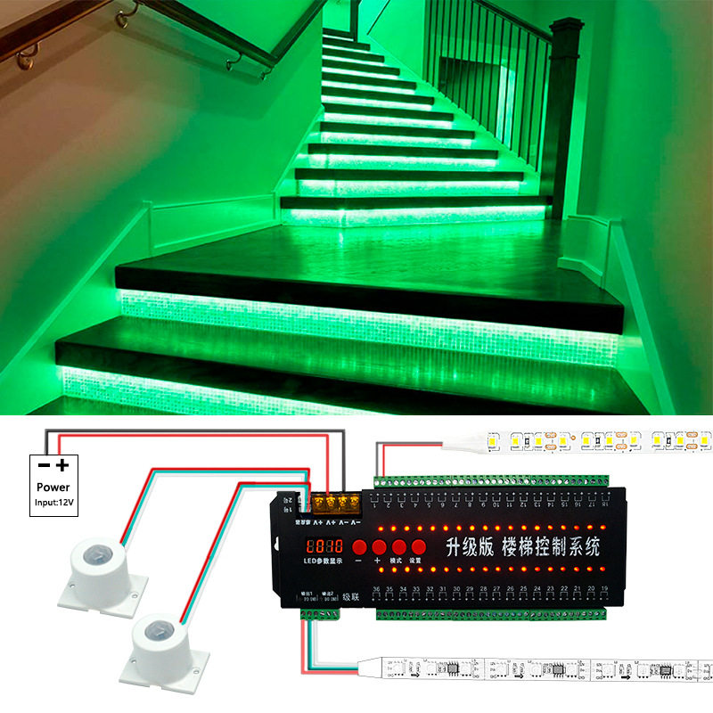 WS2811全彩 单色 新版36路网红楼梯感应控制器踏步流水同步感应