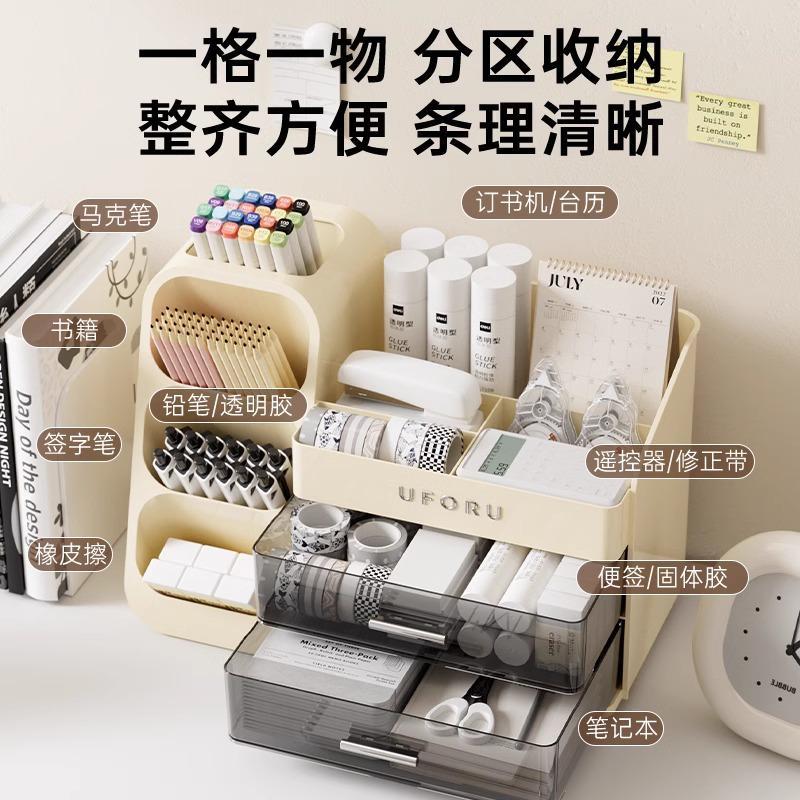 高端桌面收纳盒抽屉式学生办公室书桌文具大容量置物架多功能笔筒