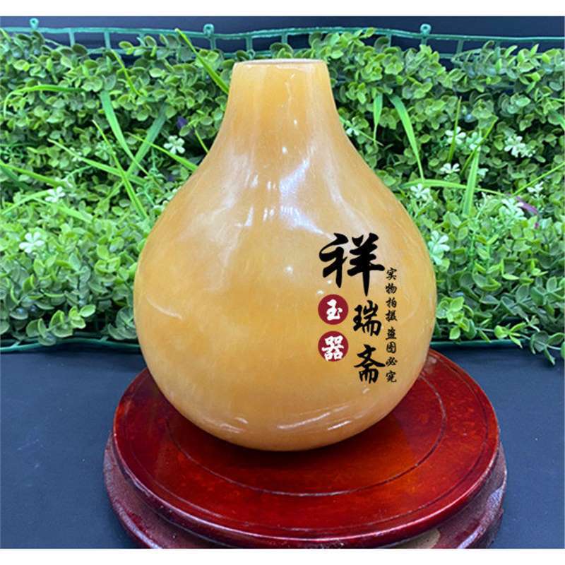 天然黄玉实心葫芦摆件客厅玄关办公室葫芦装饰风水黄玉葫芦摆件