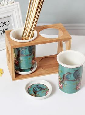 蓝色陶筷瓷子筒沥双水筷子架家491用排餐具骨瓷收纳竹木通风筷子