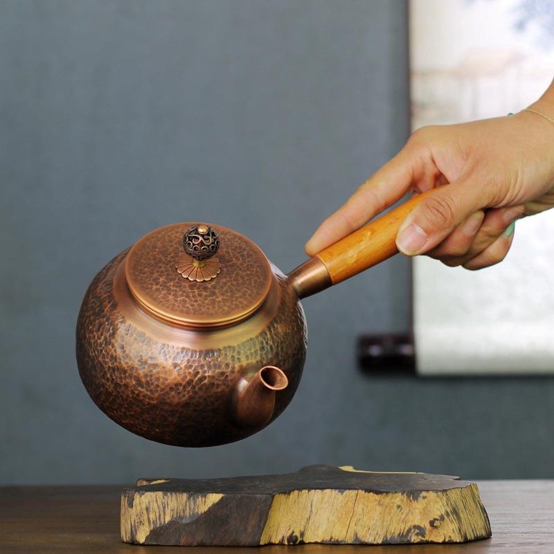 手侧把小壶锤纹雕花壶仿古FZY锤目广纹日式急实须铜茶壶工木手柄