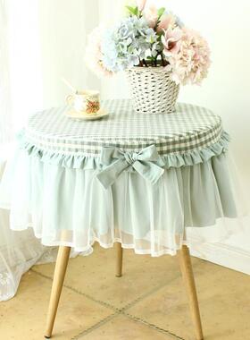 R5X水洗棉蓝色纯ELX格子圆桌布圆形家圆桌布茶几棉蕾丝小圆床头用
