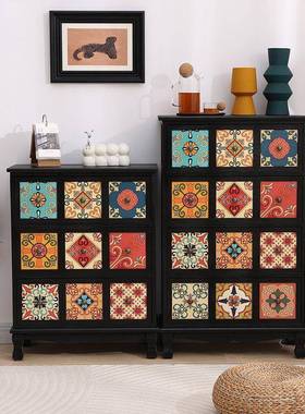 美式实木柜储物屉彩绘客抽式ISY收纳柜阳台斗柜多层置物柜复古卧