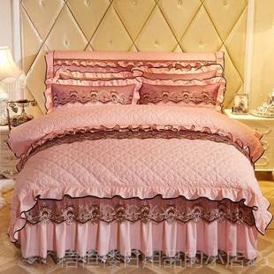 高档式夹棉蕾丝床裙四件欧套床上用品1.m1.米4件8套加5厚床罩双人