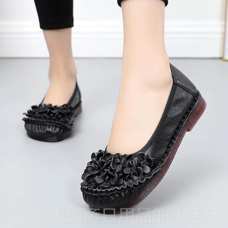 高档筋真皮舒适妈妈鞋复古单鞋平底豆鞋牛底软底防滑女式豆皮鞋闲