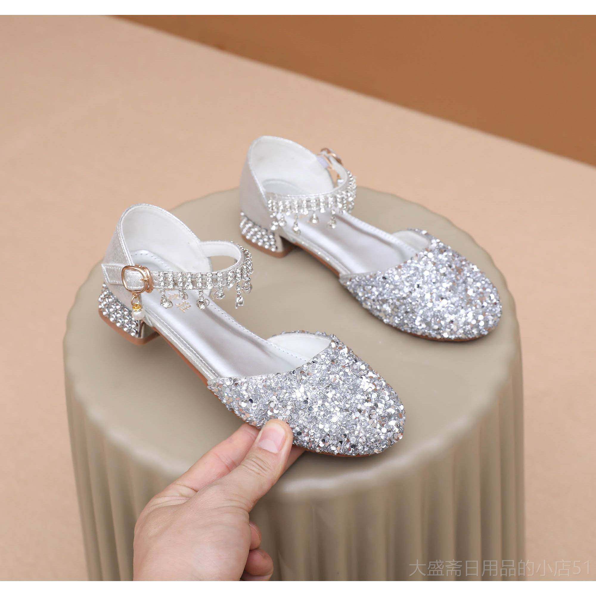 高档女童舞蹈鞋公主鞋圆头亮片单鞋小女孩银白色儿演小出鞋童学生