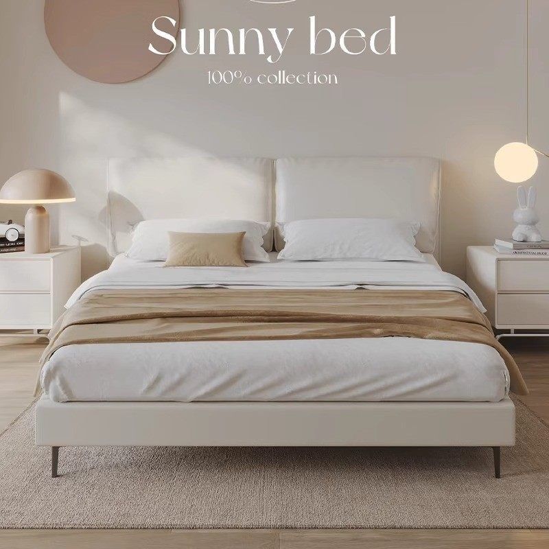 法式奶油风小象耳朵真皮床现代简约小户型主卧1米8双人床软包婚床