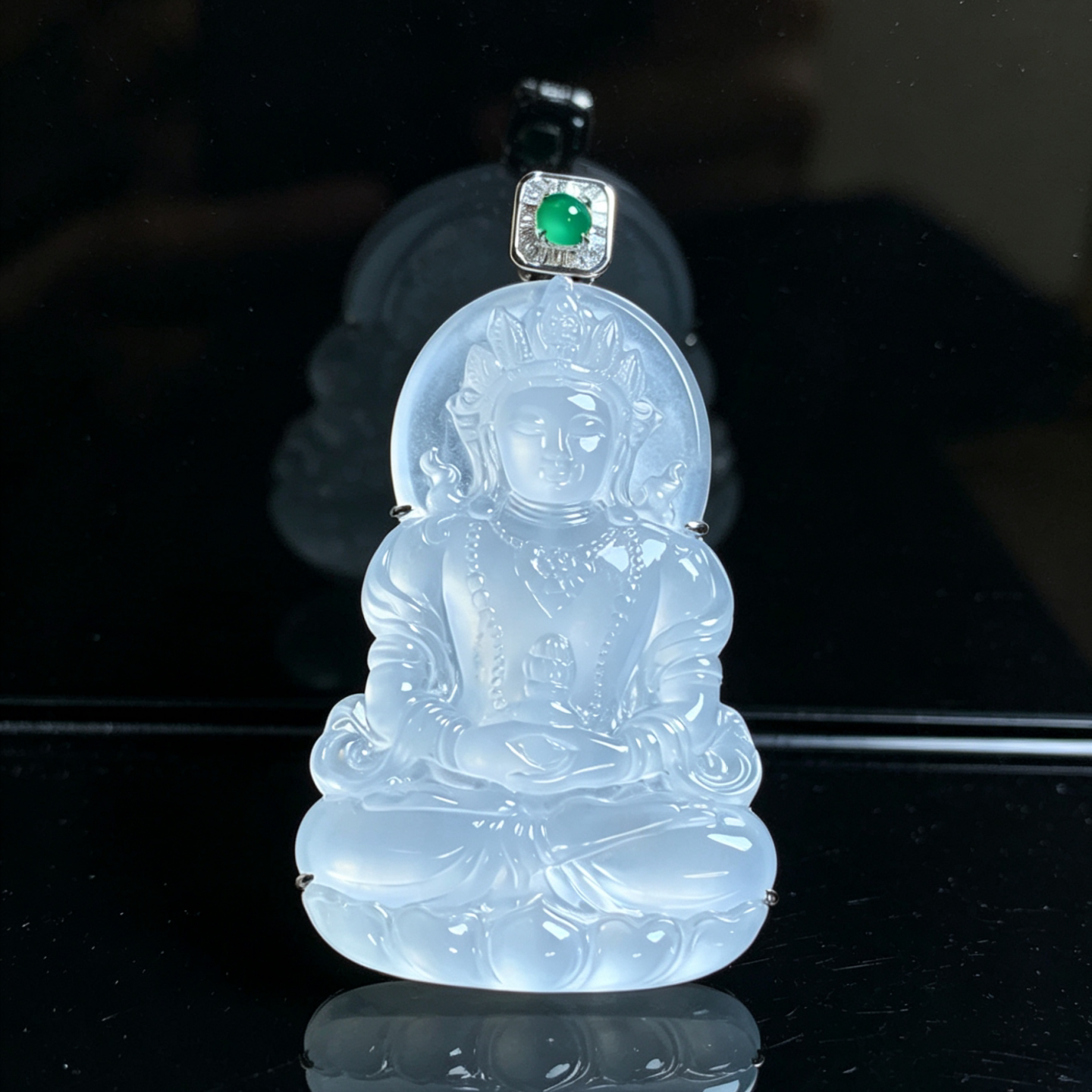 翠之匠缅甸天然翡翠A货高冰种纯白坐莲观音挂件18k金镶嵌玉石吊坠