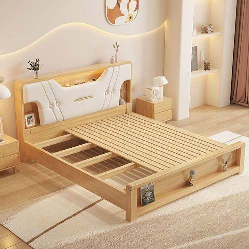 现代约实5木床奶风1UBF简.8m双油人主卧婚床1.米单人多功能储物大