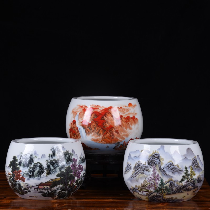 景德镇陶瓷粉彩山水聚宝盆鱼缸家居创意装饰品摆件客厅玄关摆设