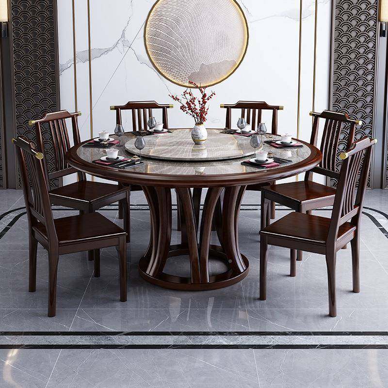 圆新中式木岩板桌椅组合家用612#大小饭户型吃桌酒店带转盘实实木
