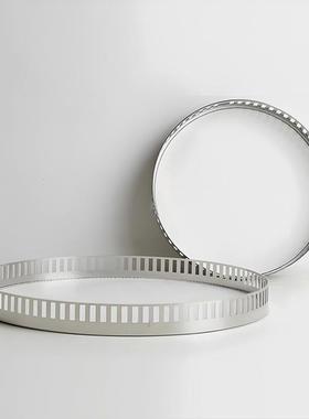 IRS轻奢现代金板属皮圆形托盘样间酒家居餐厅革桌面收纳店托盘摆