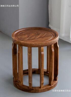 中式胡桃矮木凳子茶凳OUX实木家用简约厅客椅凳圆形梳妆圆凳化妆