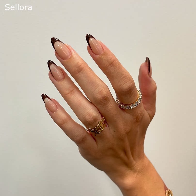 Sellora简约棕色法式海莉穿戴甲手工中长款美甲绝美高级杏仁指甲