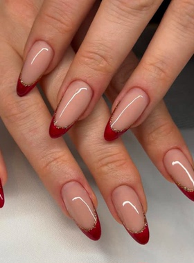 红色法式新年海莉穿戴甲手工中长款简约老钱美甲高级绝美杏仁指甲