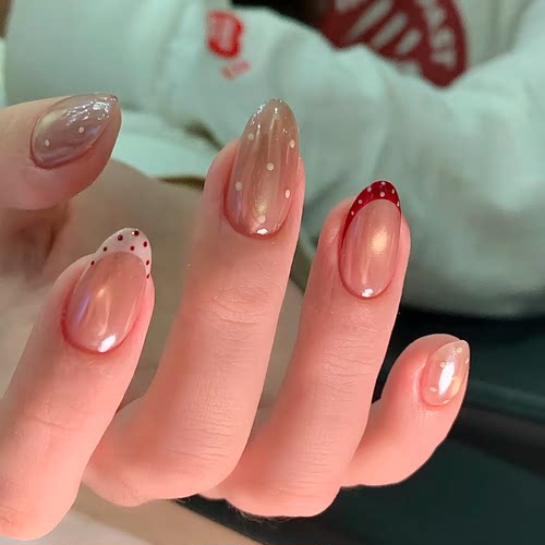 2026新款红白波点穿戴甲手工中长海莉简约美甲高级绝美杏仁指甲