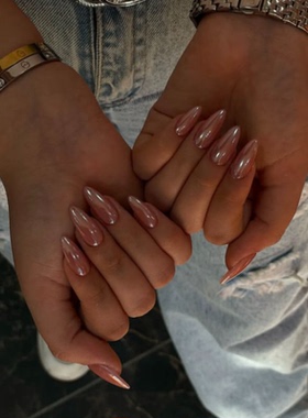 纯色海莉同款穿戴甲手工中长简约老钱美甲高级绝美杏仁指甲