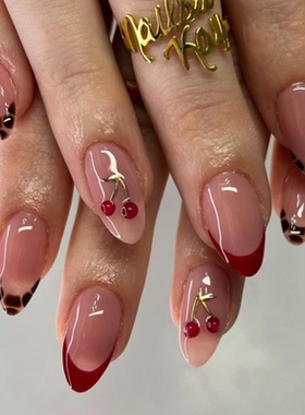 新年红色樱桃海莉穿戴甲手工中长简约老钱美甲高级绝美杏仁指甲