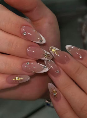 星芒法式海莉穿戴甲手工中长简约老钱美甲高级绝美杏仁指甲