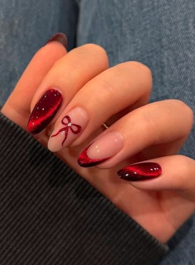 红色法式新年海莉穿戴甲手工中长款简约老钱美甲高级绝美杏仁指甲