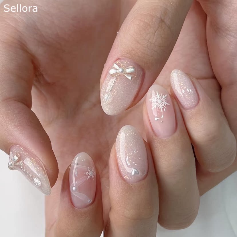 Sellora简约冬季雪花海莉穿戴甲手工中长款美甲绝美高级杏仁指甲