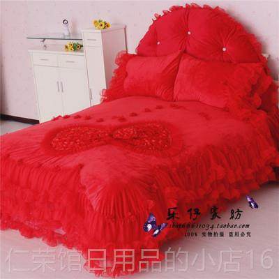 正品冬床床裙式新绗款缝花边四件少女心双套面绒单床罩被套紫色家