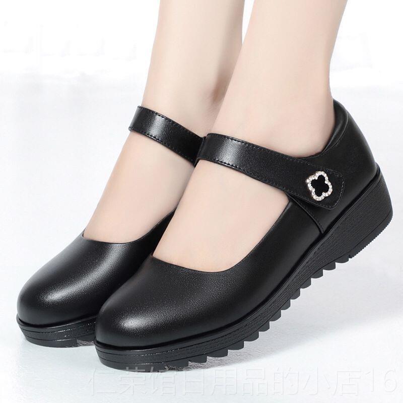 正品225新款老年妈妈鞋真0皮形魔术贴皮鞋楔牛皮单鞋软底大中码女