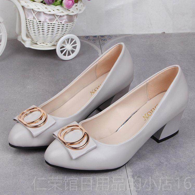 正品工中舒年女士皮鞋春秋适妈妈鞋中跟浅滑口单鞋粗跟防女鞋低跟