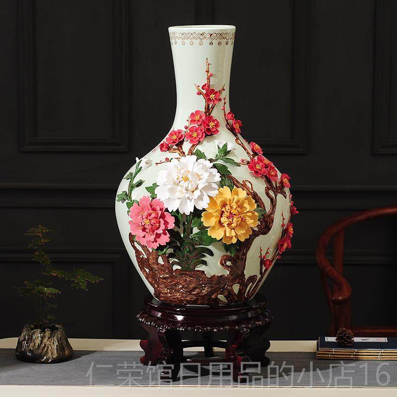 正品景德镇新花中式陶花瓶手工瓷器开瓷富贵落地电大摆件客厅视柜