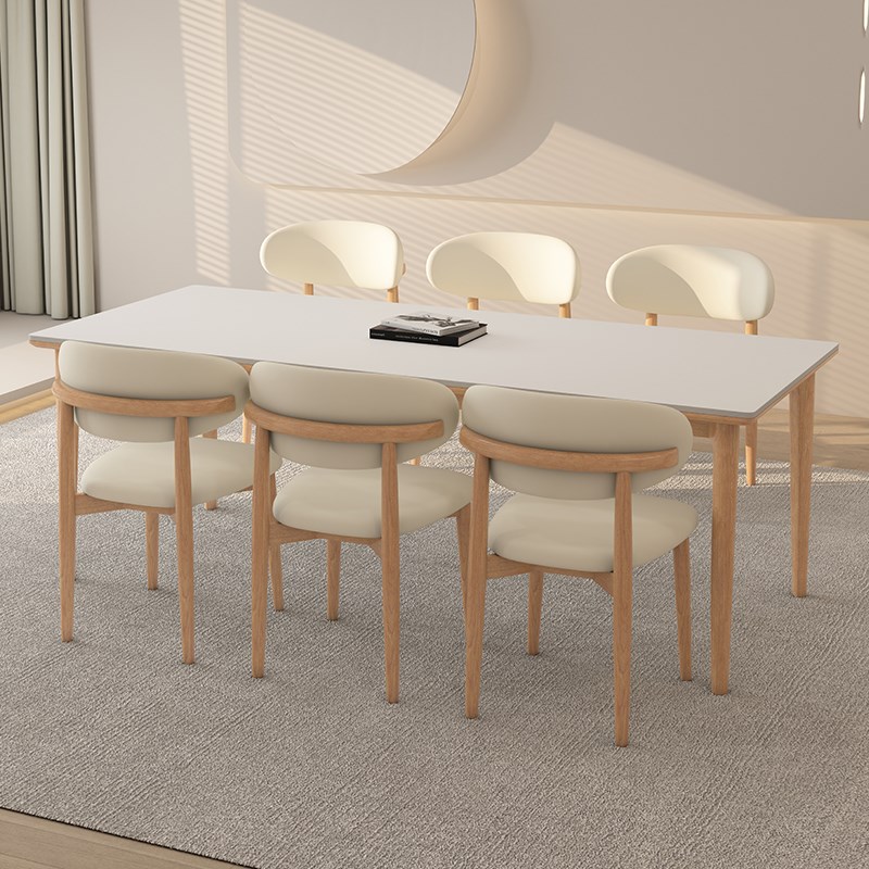 德利丰实木岩板餐桌家用长方形奶油简约风小户型原木色全托饭桌子