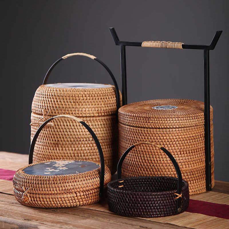 大号越南秋藤编 普洱茶饼七子饼筒茶叶罐 茶具提手茶叶桶储茶叶盒