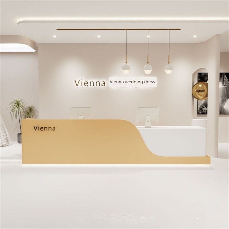 彩绘前台接待前台公司前台美容院柜台白色收银简单现代曲线酒吧