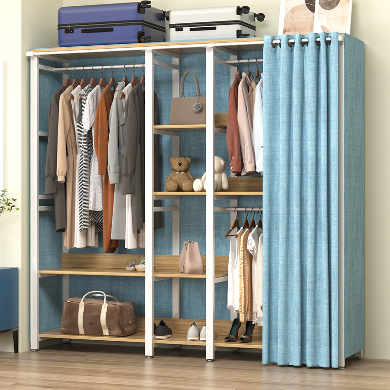 简易衣柜耐用布衣柜家用卧室钢木组合衣柜出租房用铁艺衣架衣橱