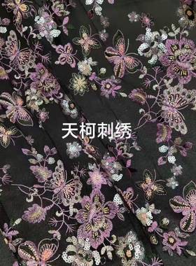 珠管刺绣蝴蝶绣国花新面中式风网纱底亮EG-19301料片珠片绣黑色尼