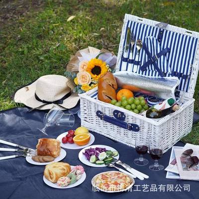 编山东柳21312野餐篮白色室外藤编水果篮多功能带盖餐放四具柳条