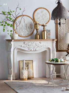 美式复雕做旧壁FLW古炉装柜实木白色花民宿别墅客厅法式壁炉饰置
