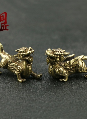 纯黄铜实心貔貅小摆件迷你古玩手把件瑞兽工艺品