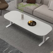 电动升降桌自动纯白色岩板茶几椭圆形奶油风茶几餐桌两用