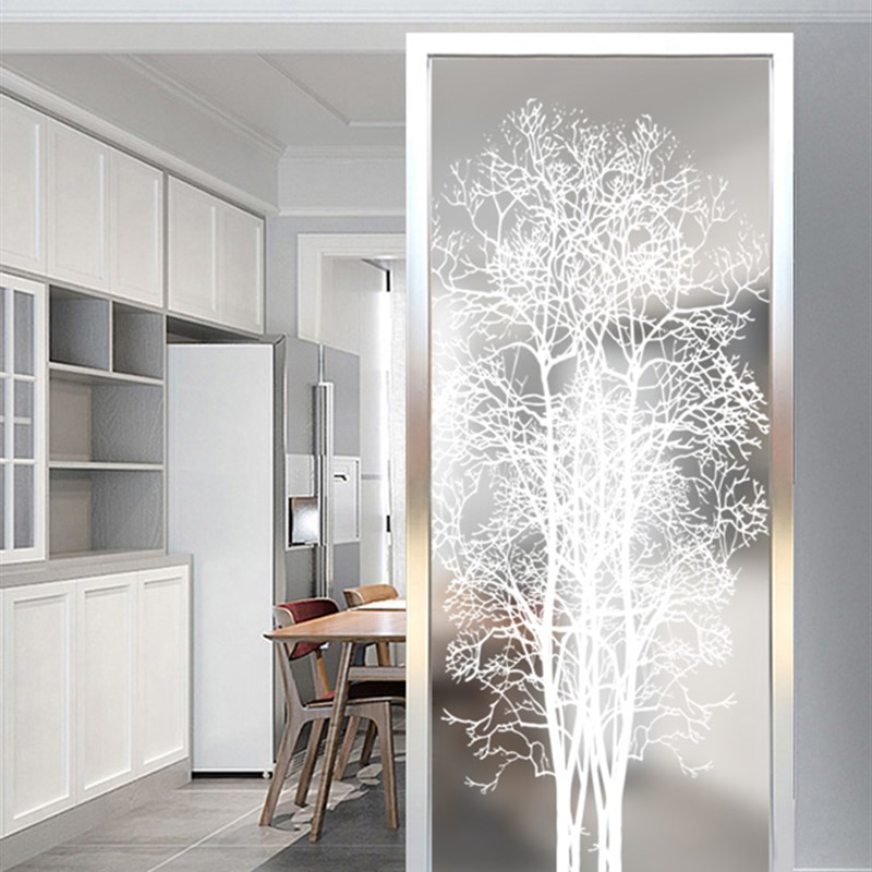 定制雕刻艺术玻璃屏风客厅背景磨砂透光入户玄关夹丝山水画隔断