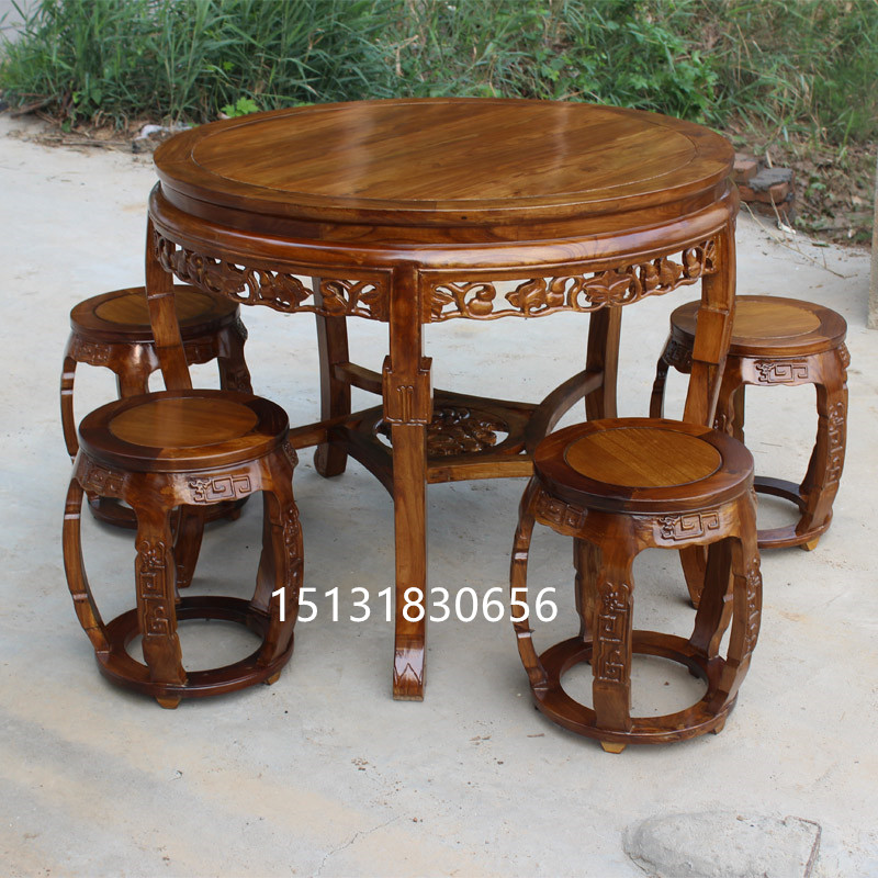 圆形仿古餐桌椅组合圆桌小户型家用吃饭桌子老榆木实木圆餐桌中式
