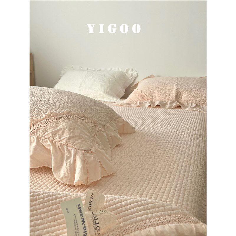 出口韩国全棉酵素砂洗绗缝床盖三件套南法公主风柔软加厚夹棉床单