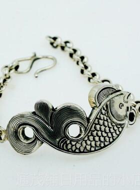 正品红银非99足银手镯女覆手古民族风开口简约铃铛子鱼工定银制镯