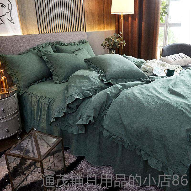 正品韩国纯棉床件套公主格立风体蕾丝被套床裙洗四纯棉水灰色床上