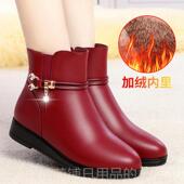 暖加绒保短靴防滑坡大码 正品 冬季 中年真皮软底跟皮鞋 妈妈秋鞋 棉鞋